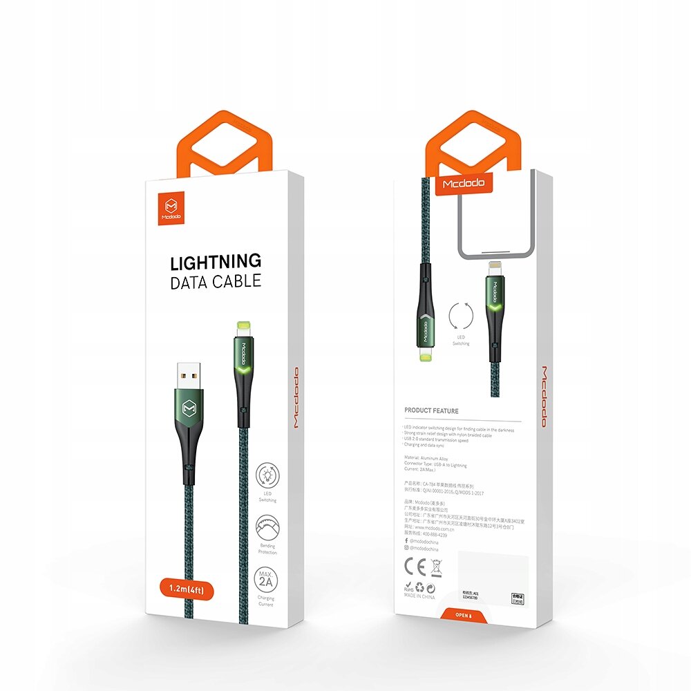 Opakowanie kabla USB Lightning szybkiego ładowania marki Mcdodo, z przodu widoczne napisy \'LIGHTNING DATA CABLE\' oraz ikony przedstawiające funkcje produktu. Na odwrocie opakowania znajdują się szczegóły techniczne i specyfikacje produktu w kilku językach.