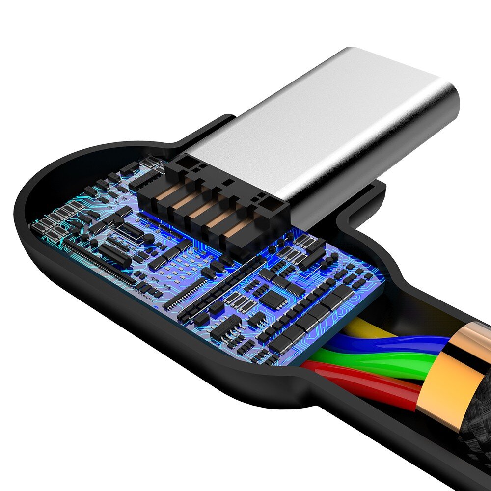 Obraz przedstawia zbliżenie na wnętrze wtyczki USB-C z widocznymi elementami elektronicznymi i kolorowymi przewodami. Wtyczka ma metalową obudowę i czarną osłonę.