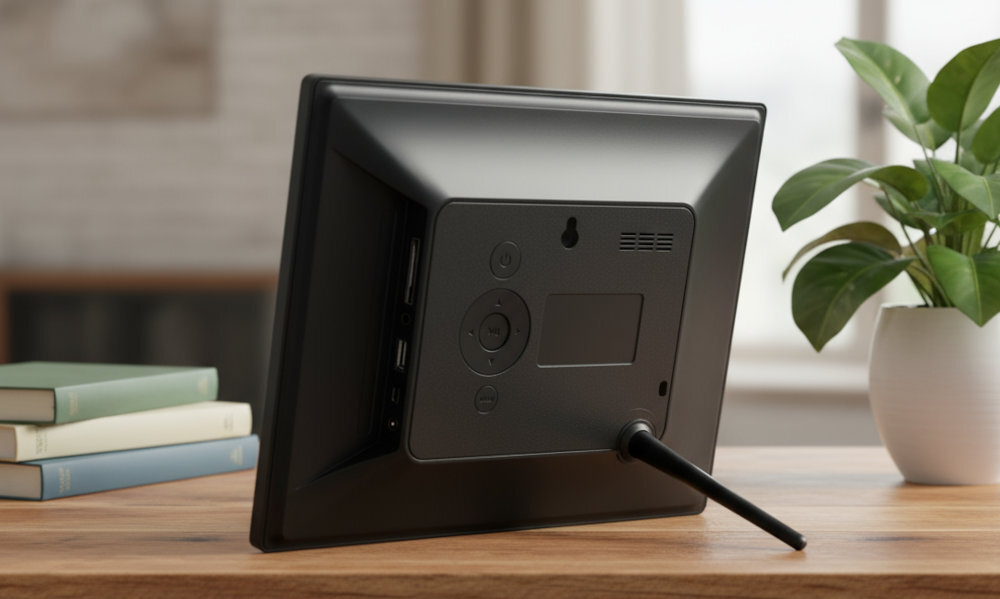 BRAUN DF 1083 dołączonej do kompletu podpórce zamocować na ścianie (VESA 50x75) DF 1083 gniazdo kart SD (SD, SDHC, MMC i MS) USB-A 2.0 pendrive dwa głośniki stereofoniczne, trybie wideo kalendarz, zegar, alarm USB-A gniazdo wejściowe HDMI do 32 GB- ramka od boku na białym tle