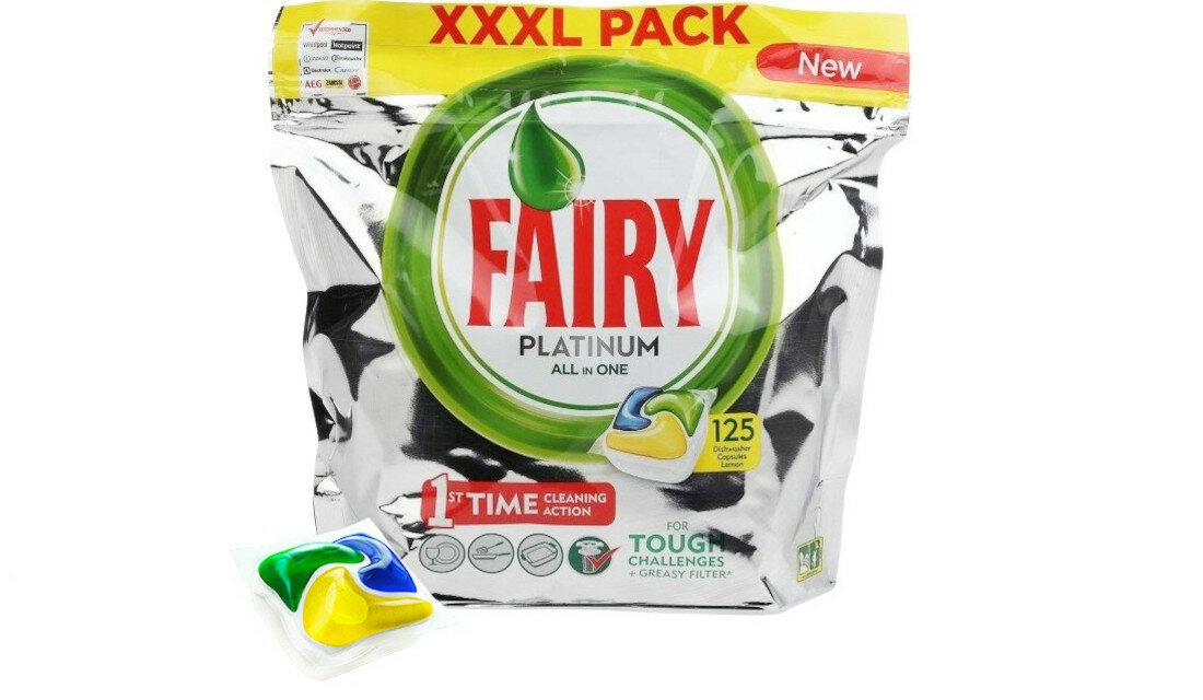 Kapsulki do zmywarek FAIRY Platinum All One Lemon 125 szt z latwoscia radzi sobie z tluszczem plynna formula kapsulek idealnie czyste naczynia