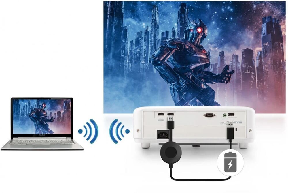 Projektor VIEWSONIC PX701-4K USB 5V 1,5A zasilanie Chromecast Amazon Fire TV Stick, leptop, projektor wyświetlający obraz na białym tle