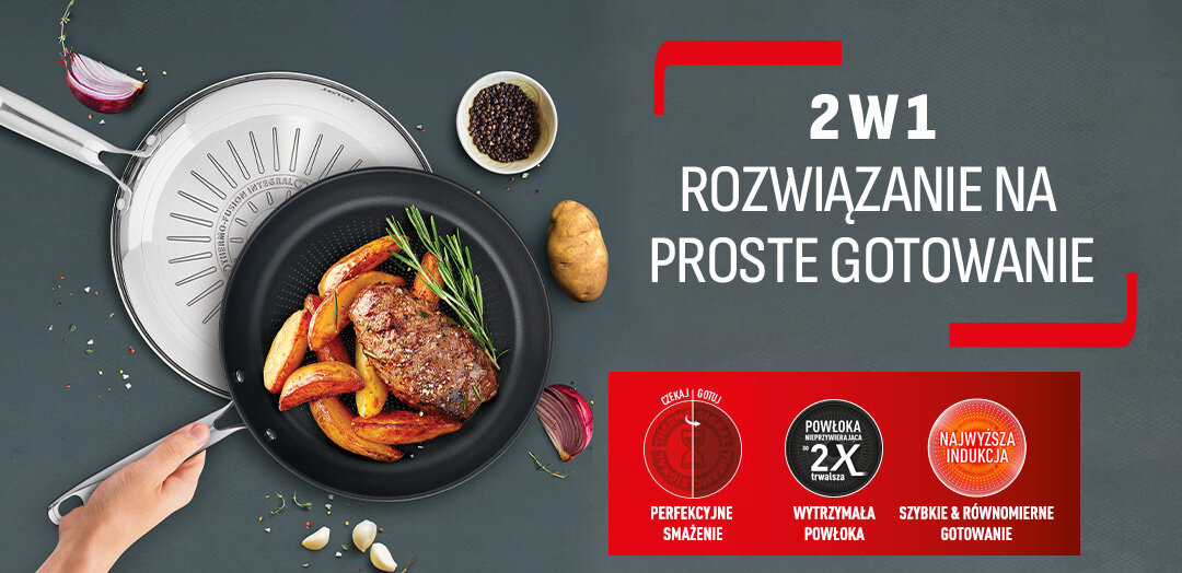 Patelnia TEFAL Duetto+ G73206 z mięsem i ziemniakami trzymana w dłoni, pod nią patelnia odwrócona spodem do góry. Obok ikony z funkcjami.