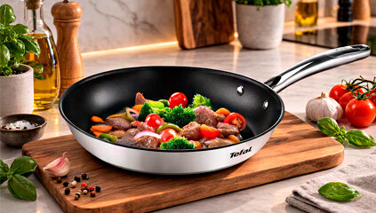 Patelnia TEFAL Duetto+ do smażenia z mięsem i świeżymi warzywami na kuchennym blacie.