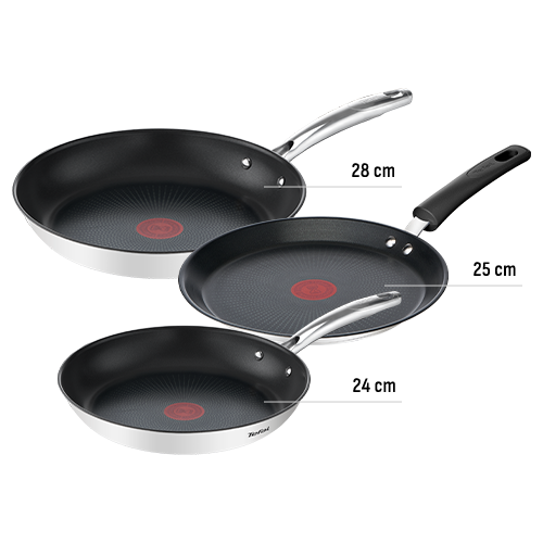 Patelnie TEFAL Duetto+ z oznaczonymi wymiarami: 28 cm, 25 cm, 24 cm.
