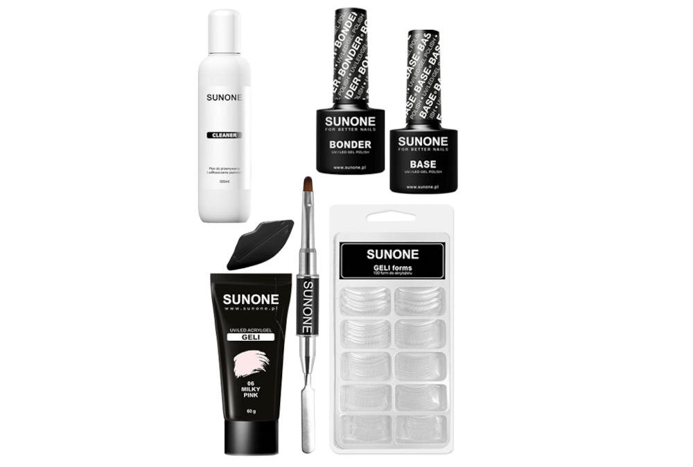 SUNONE-G02 zestaw stylizacja paznokci baza geli lampka zabezpieczenie płytki mikrouszkodzenia trwałość odporność formy żelowe primer bezkwasowy cleaner odtłuszcza dezynfekuje usta wyciskanie tubek pędzelek