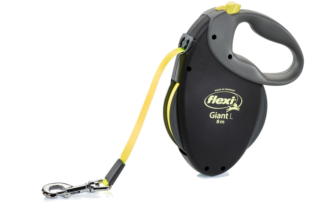Smycz FLEXI Giant Neon M (8 m - 50 kg) Czarno-żółty Ergonomiczny kształt wygoda użytkowania opływowy kształt solidny uchwyt kontrola wygodna obsługa stabilność bezpieczeństwo spacery