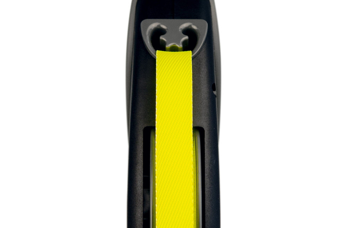 Smycz FLEXI Giant Neon M (8 m - 50 kg) Czarno-żółty Wytrzymała konstrukcja cicha praca mechanizmu wysoka jakość materiał wytrzymały sprężynowy mechanizm płynne zwijanie rozwijanie taśmy komfort użytkowania