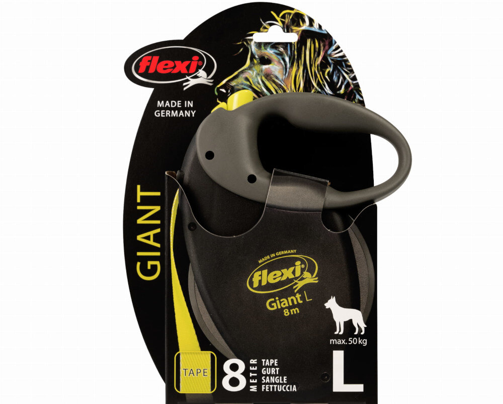 Smycz FLEXI Giant Neon M (8 m - 50 kg) Czarno-żółty Długa taśma system hamowania system hamowania i blokowania kontrola