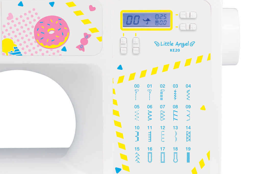 Maszyna do szycia BROTHER Little Angel KE20 wymiary dla początkujących dzieci nastolatkowie rozwinięcie szyciowej pasji stylowy wyglad mocna konstrukcja bezpieczeństwo pracy osłona igły ochrona palców 20 ściegów 3 rodzaje automatycznego obszycia dziurki 