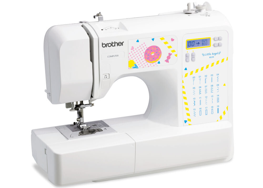 Maszyna do szycia BROTHER Little Angel KE20 pozycjonowanie igły góra dół kontrolowanie momentu zaqtrzymania igły zmiana kierunku szycia obróbka narożników ograniczenie maksymalnej prędkości ściegu dostosowanie tempa szycia delikatne materiały 