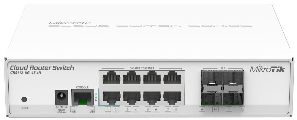 Switch MIKROTIK CRS112-8G-4S-IN - łatwośc obsługi czytelny opis wejść 8 wejść RJ-45 4 wejściaSFP