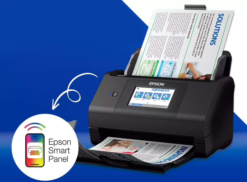 Skaner EPSON WorkForce ES-580W Wi-Fi prezentacja skanera od przodu pod kątem na biało-granatowym tle ikona aplikacji elastyczne skanowanie z Epson ScanSmart Smart Panel OCR i przeglądanie szybki proces digitalizacji