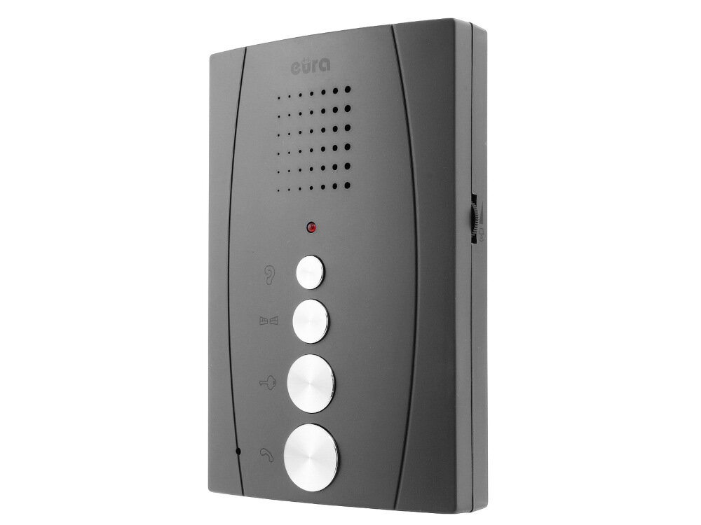 Domofon EURA Entra ADP-38A3 Grafitowy unifon bezsluchawkowy z wytrzymalego tworzywa sztucznego komponenty wewnetrzne odpowiednio zabezpieczono przed uszkodzeniem