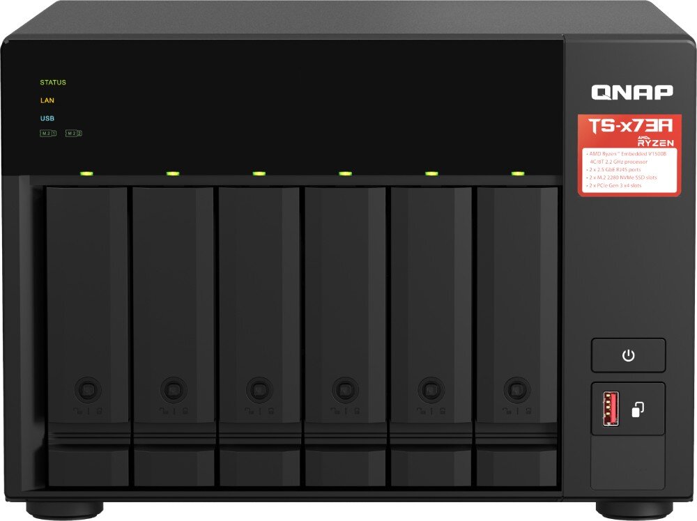 Serwer plików QNAP TS-673A-8G Przód czarnej obudowy z sześcioma zatokami na dyski i podświetlonymi diodami sygnalizacyjnymi, gniazda M.2, technologie, buforowanie danych
