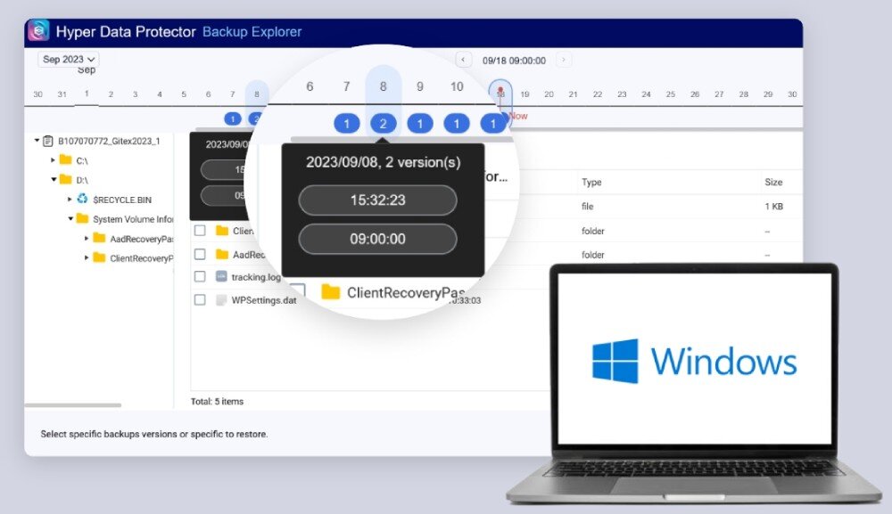 Serwer plików QNAP TS-673A-8G Interfejs aplikacji Hyper Data Protector na ekranie komputera z widocznym harmonogramem wersji kopii zapasowych i logotypem Windows, wirtualizacja, aplikacje kontenerowe, funkcje