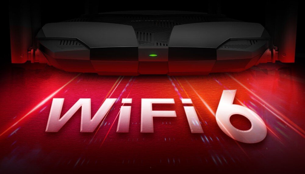 Router MERCUSYS MR70X Zbliżenie na przedni panel routera z zieloną diodą statusu i podświetlonym napisem WiFi 6 , standard, prędkość, technologia