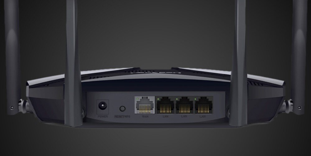 Router MERCUSYS MR70X Tylny panel urządzenia z widocznym gniazdem zasilania przyciskiem Reset/WPS oraz portami WAN i LAN , porty, przepustowość