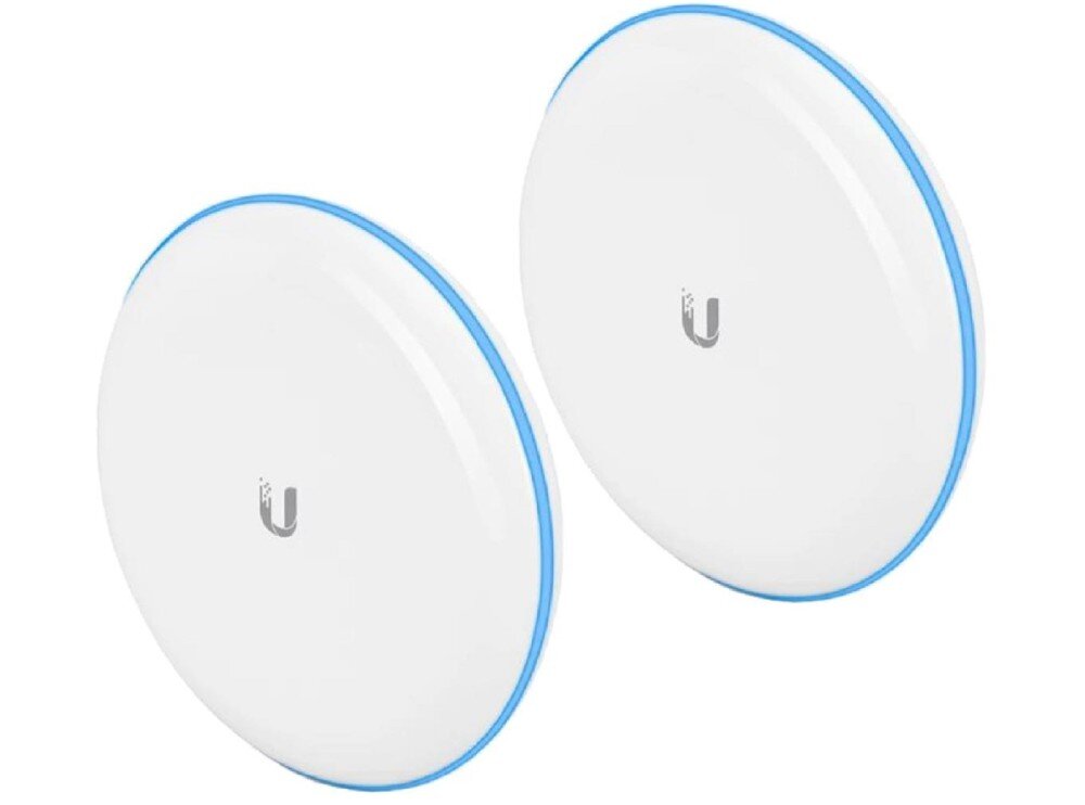Punkt dostępu UBIQUITI UniFi Building Bridge Dwa białe, okrągłe urządzenia z niebieskim pierścieniem LED na krawędzi oraz szarym logotypem w kształcie litery U na środku