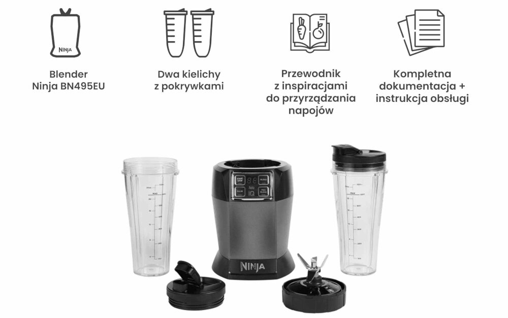 Blender kielichowy NINJA BN495EU (Sportowy) + 2 bidony w komplecie zestaw akcesoria komplet wyposazenie