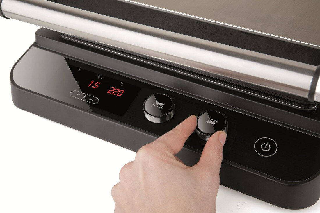 Grill elektryczny BLACK&DECKER BXGR2000E pokretla cyfrowy ekran LCD kontrola temperatury i czasu latwa obsluga regulacja