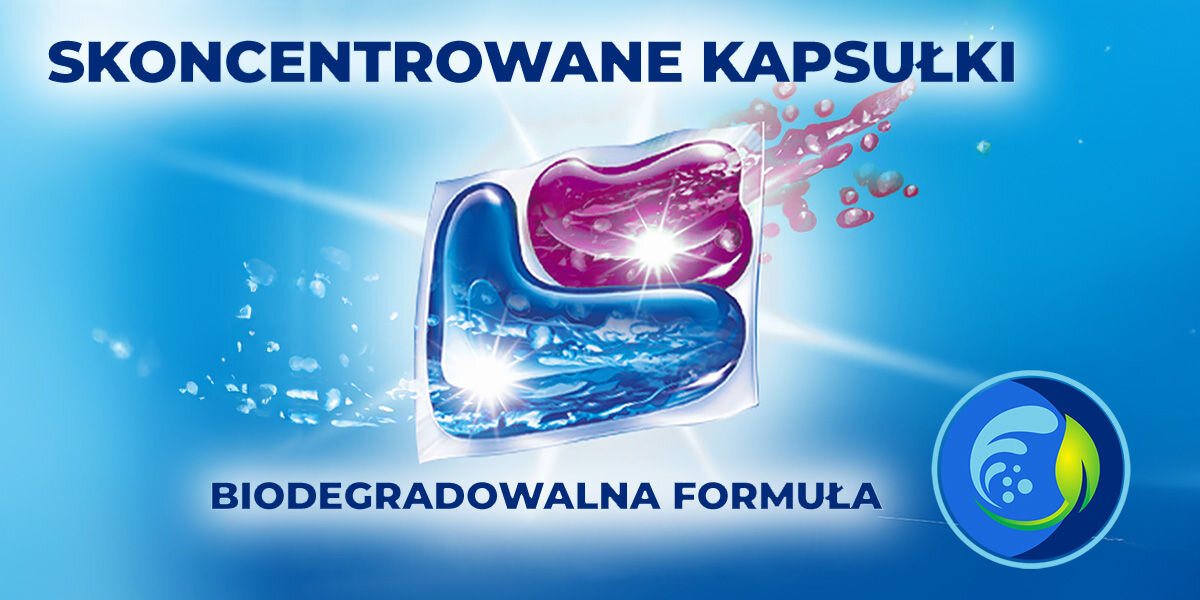 Kapsułki do prania BRYZA 4 w 1 Spring Freshness - 40 szt. wizualizacja kapsułki na niebieskim tle napis skoncentrowane kapsułki biodegradowalna formuła