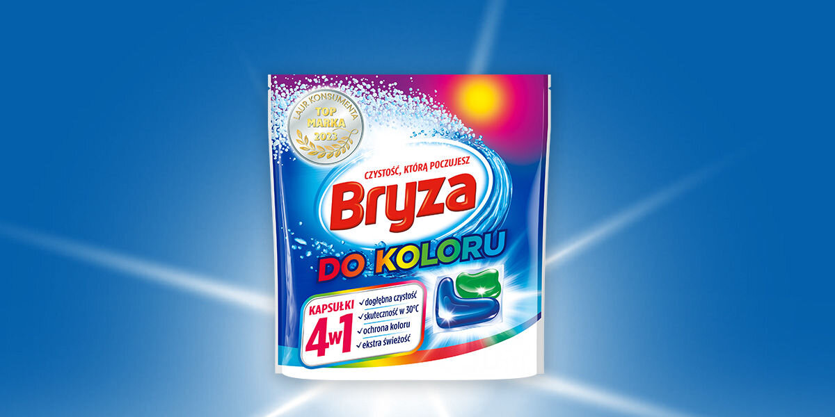 Kapsułki do prania BRYZA 4 w1 Color - 50 szt. na niebiekim tle