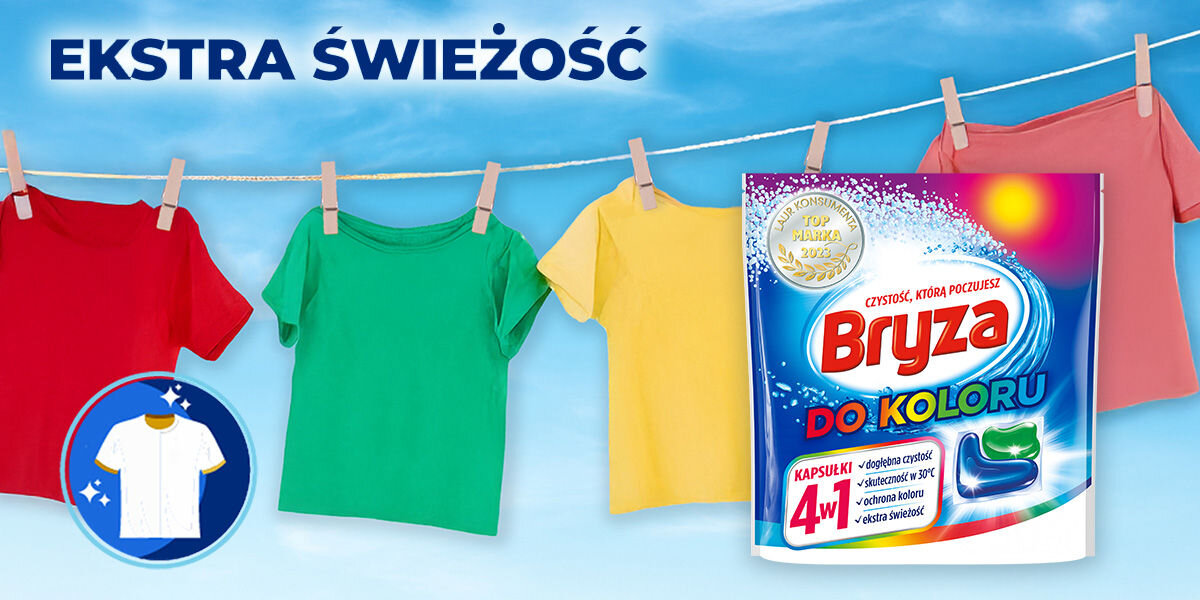 Kapsułki do prania BRYZA 4 w1 Color - 50 szt. ekstra świeżość opakowanie na tle sznura z praniem