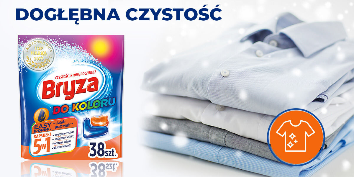 Kapsułki do prania BRYZA 5 w 1 Easy Ironing - 38 szt. opakowanie kapsułek obok złożónych koszul napis dogłębna czystość