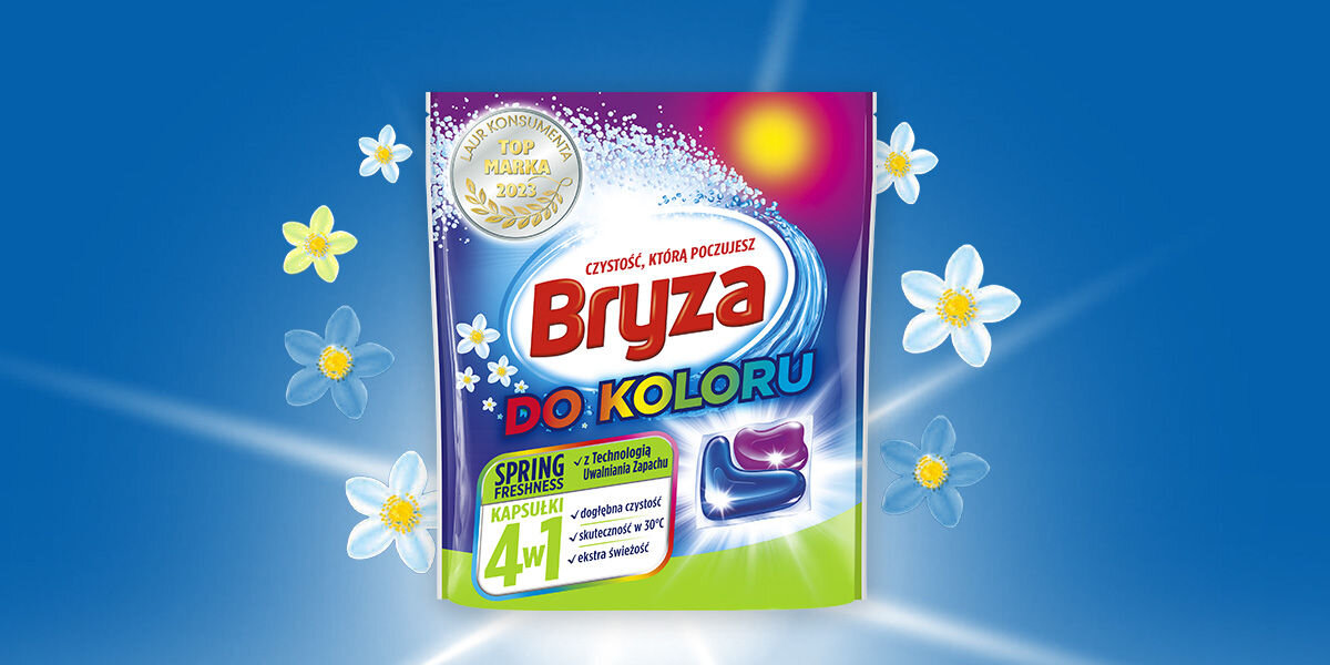 Kapsułki do prania BRYZA 4 w 1 Spring Freshness - 50 szt. opakowanie kapsułek na niebieskim tle wokół kwiaty wizualizujące świeży zapach korzyści dogłębna czystość skuteczność w 30 stopniach ochrona koloró ekstra świeżość