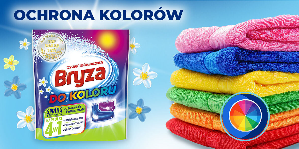 Kapsułki do prania BRYZA 4 w 1 Spring Freshness - 50 szt. opakowanie kapsułek obok złożonych kolorowych ręczników napis ochrona kolodów