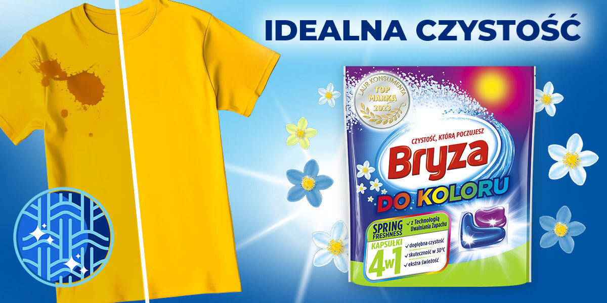 Kapsułki do prania BRYZA 4 w 1 Spring Freshness - 50 szt. opakowanie kapsułek obok wizualizacji koszulki przed praniem z plamą i po praniu bez zbrudzeń