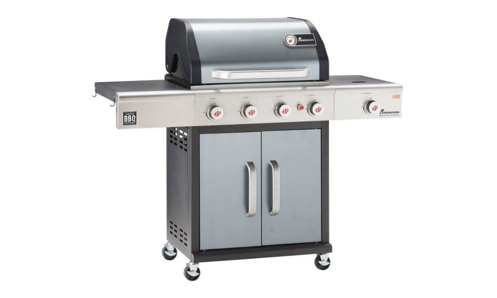 Grill gazowy LANDMANN Triton Champion PTS 4.1 12965 prosta solidna konstrukcja szereg przemyślanych rozwiązań duża powierzchnia grillowa 65x44 cm termometr w pokrywie uchwyt system dwuścienny pokrywy pokrywa ze stali emaliowanej solidny stolik boczny dwa haczyki