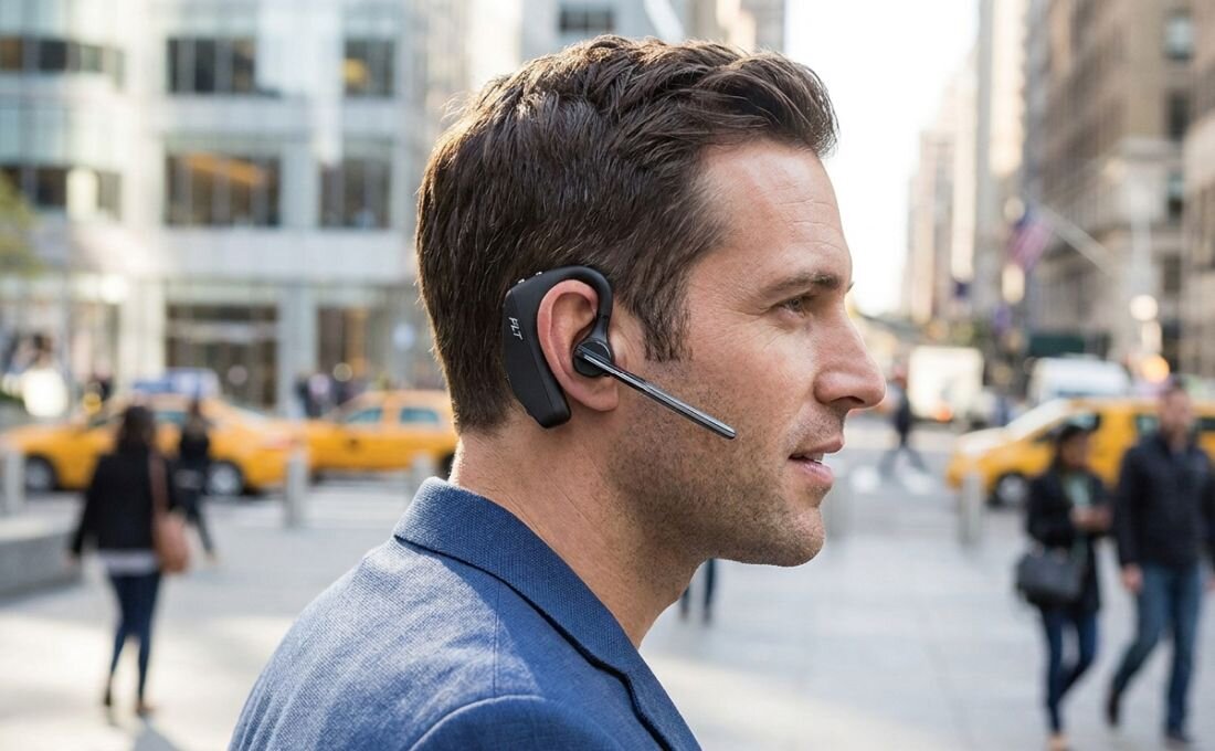 Osoba korzysta ze słuchawki Bluetooth H7 podczas rozmowy telefonicznej na ruchliwej ulicy w centrum miasta 