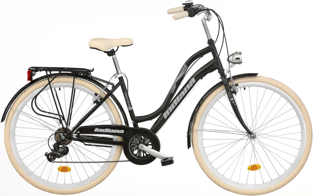 Rower Miejski INDIANA IMPALA 7B 28 cali damski czarny kolor czarny czerwone akcenty komfort użytkowania oświetlenie na tył i na przód osłona łańcucha stopka bagażnik