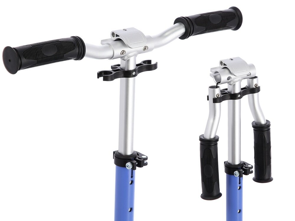 Hulajnoga NILS EXTREME HM205 Niebieski zbliżenie na kierownicę w dwóch pozycjach rozłożonej i złożonej regulacja kierownicy w zakresie 80-102,5 cm dostosowanie do wzrostu użytkownika antypoślizgowe rączki chronią dłonie przed otarciami pewny chwyt możliwość złożenia rączek swobodne przenoszenie i przechowywanie