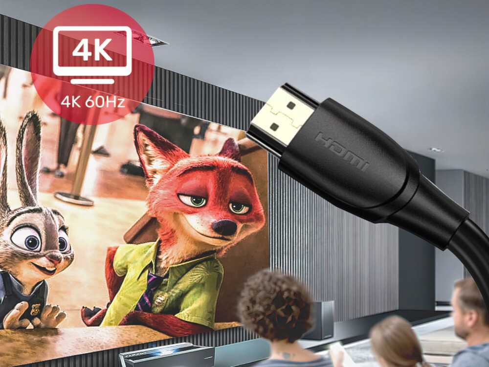 Kabel HDMI - HDMI UNITEK 20 m - Wysoka prędkość, rodzina oglądająca film animowany, kabel ukazany na pierwszym planie