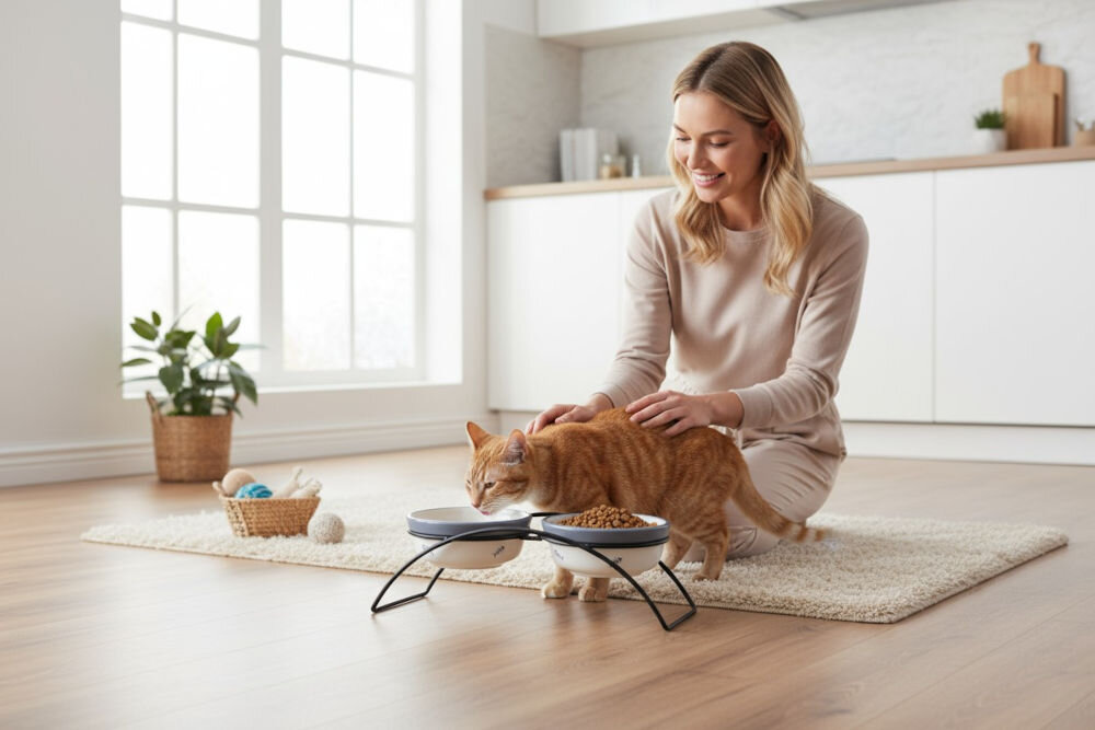 Miska dla kota TRIXIE 24790 2 x 0.3 l kot jedzący z miski stojącej na jasnej drewnianej podłodze w tle jasna kuchnia