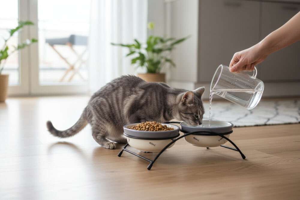 Miska dla kota TRIXIE 24790 2 x 0.3 l kot jedzący z miski podczas gdy ktoś dolewa wody z dzbanka do miski