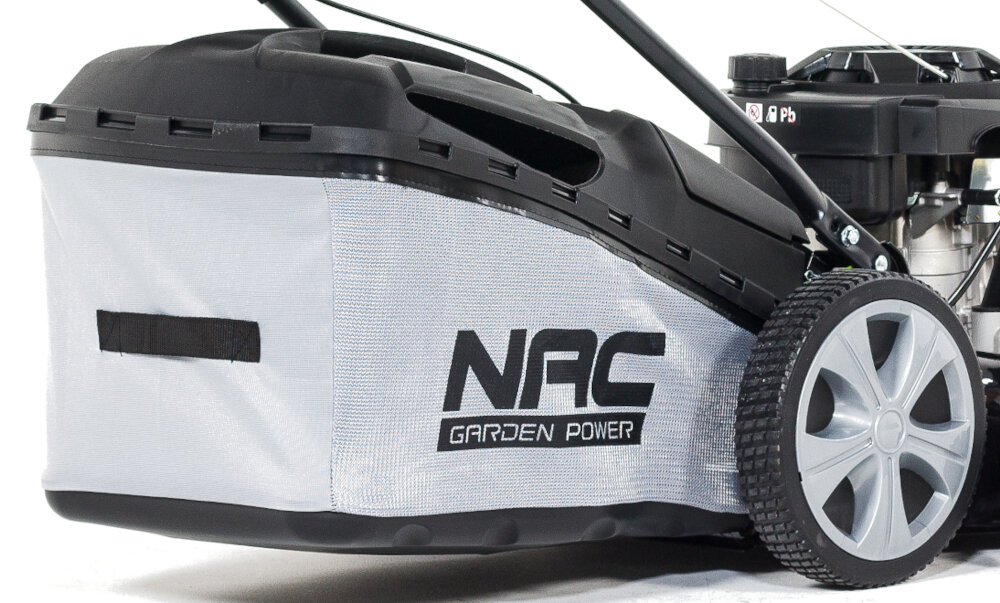 Kosiarka spalinowa NAC LS50-196-HS-NG kosz siatkowy z plastikową pokrywą przeciwpyłową 60 l pojemności aerodynamiczne prowadzenie powietrza duży otwór uchwyt transportowy wskaźnik napełnienia