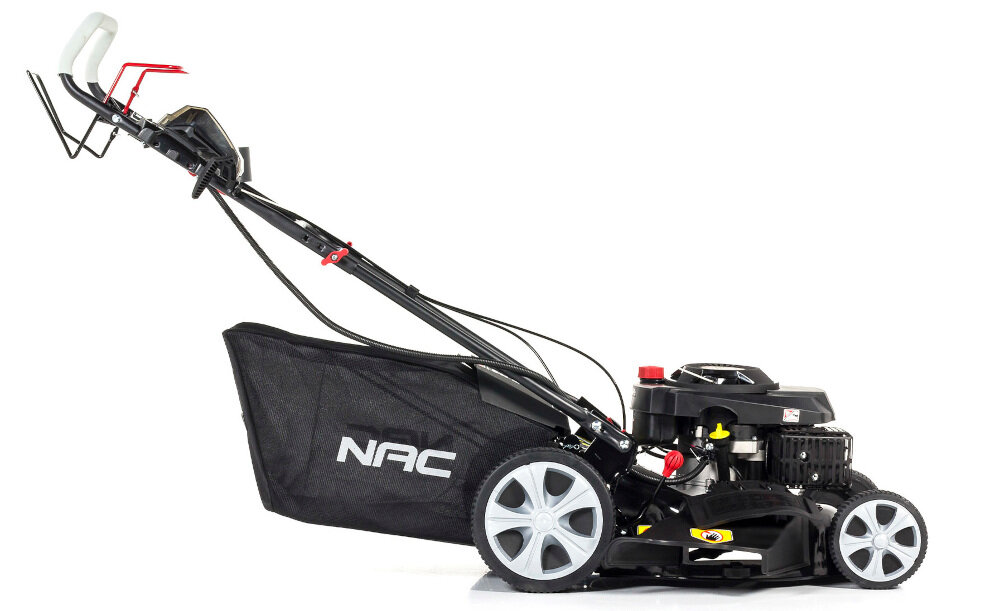 Kosiarka spalinowa NAC LS46-146-HS-ES z napędem efektywne działanie intuicyjnej obsłudze szybki rozruch ręczny elektryczny bezawaryjność niski poziom hałasu 96 dB napęd własny na tylne koła