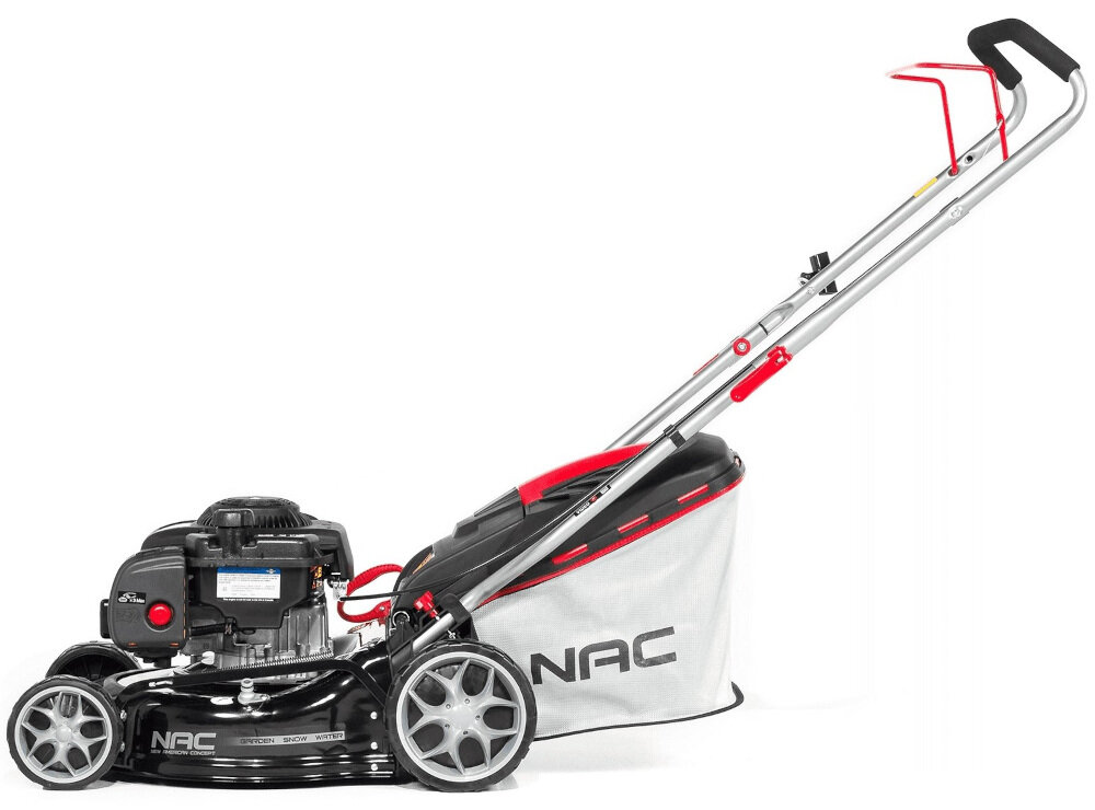 Kosiarka spalinowa NAC LP42-300BS-JR Briggs & Stratton 300 Series obudowa ze stali kompaktowe solidne urządzenie odporność na uderzenia działanie warunków atmosferycznych koła zmniejszające opory toczenia 15 cm na przód 20 cm na tył