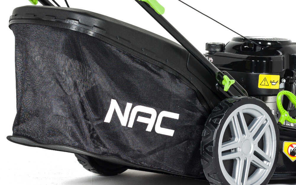 Kosiarka spalinowa NAC LS56-196L-JR2 Loncin z napędem kosz siatkowy z plastikową pokrywą przeciwpyłową 75 litrów pojemności uchwyt na pokrywie wskaźnik napełnienia