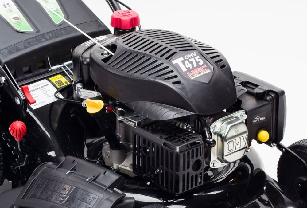 Kosiarka spalinowa NAC LS46-146-HS-NG z napędem silnik 4-suwowy NAC długa bezawaryjna praca pojemność 146 cm3 w technologii OHV moc 2,6 kW żeliwna tuleja cylindra maksymalny moment obrotowy 7 Nm