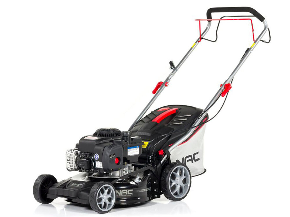 Kosiarka spalinowa NAC LS42-300BS-JR Briggs & Stratton 300 Series z napędem obudowa ze stali kompaktowe solidne urządzenie odporność na uderzenia działanie warunków atmosferycznych koła zmniejszające opory toczenia 15 cm na przód 20 cm na tył