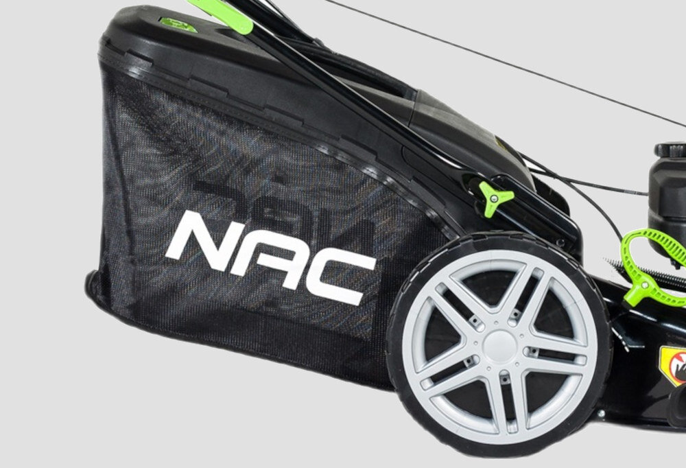 Kosiarka spalinowa NAC LS50-166L-JR2 Loncin z napędem kosz siatkowy z plastikową pokrywą przeciwpyłową 75 litrów pojemności uchwyt na pokrywie wskaźnik napełnienia