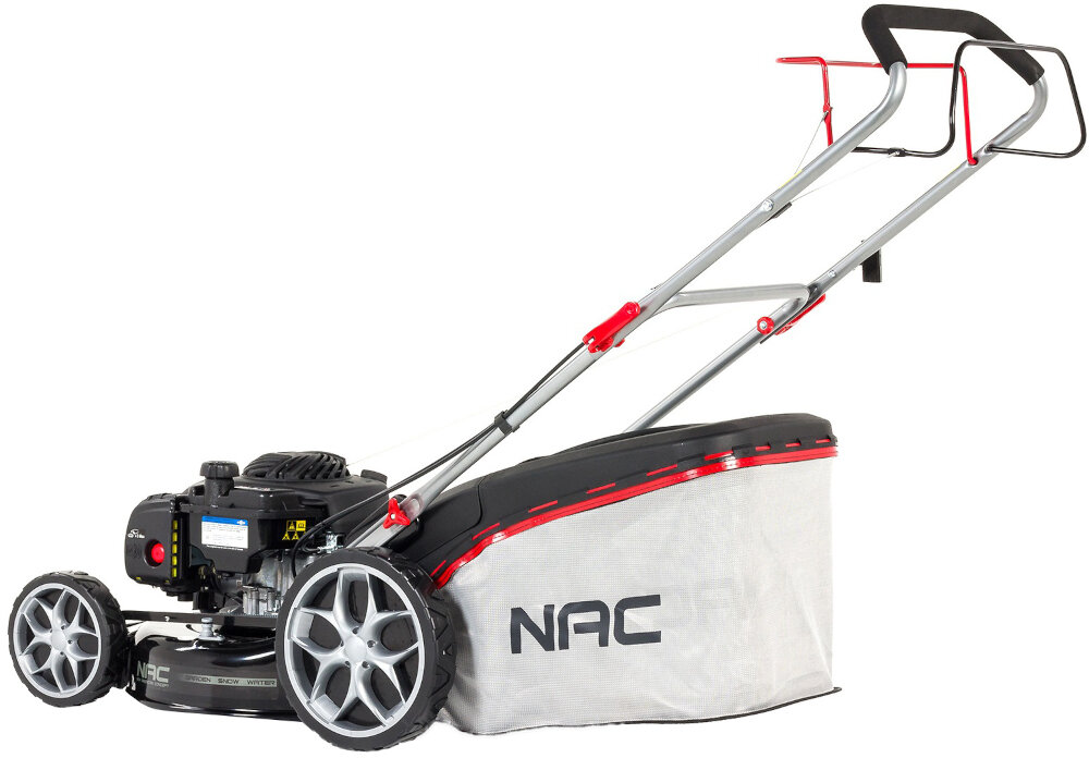 Kosiarka spalinowa NAC LS46-450E-HSS-JR Briggs & Stratton 450E z napędem kosz siatkowy z plastikową pokrywą przeciwpyłową 60 litrów pojemności uchwyt na pokrywie wskaźnik napełnienia