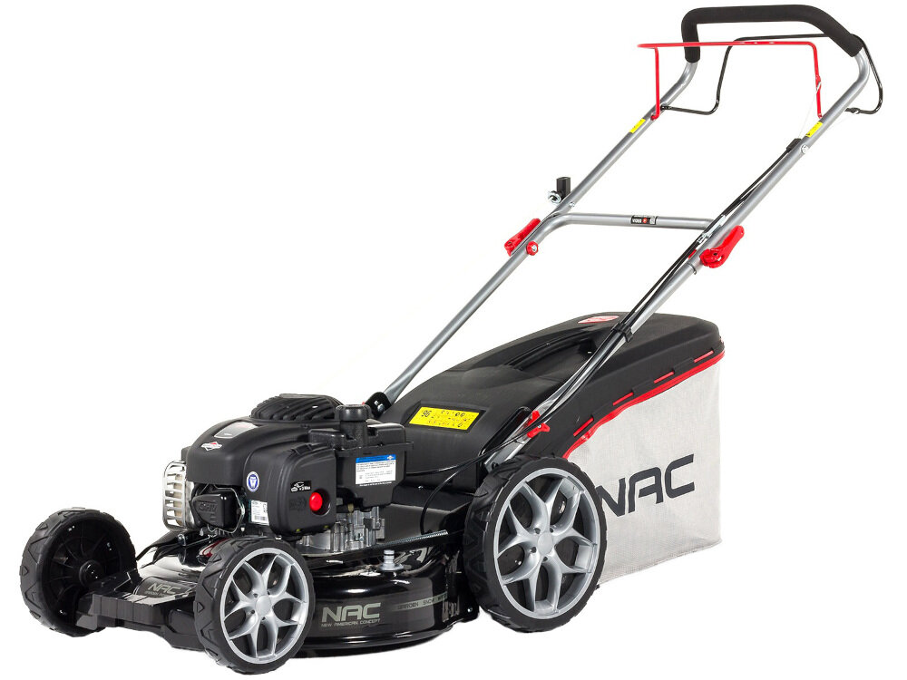 Kosiarka spalinowa NAC LS46-450E-HSS-JR Briggs & Stratton 450E z napędem obudowa ze stali kompaktowe solidne urządzenie odporność na uderzenia działanie warunków atmosferycznych koła zmniejszające opory toczenia 20 cm na przód 25 cm na tył
