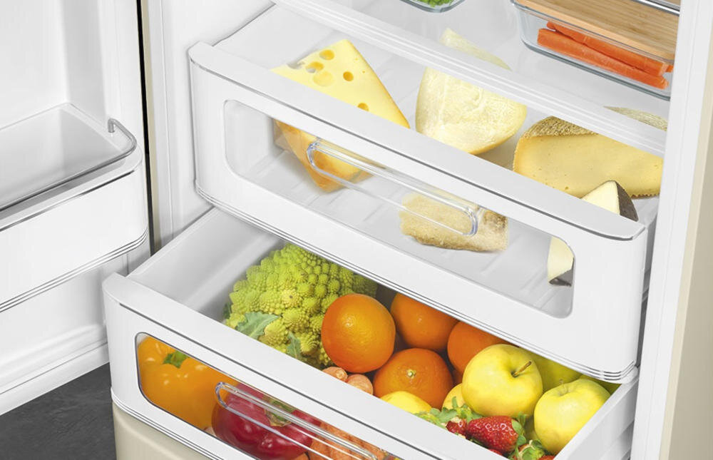 SMEG FAB32LCR5 szuflady lodówka organizacja wysuwane ślizgowe prowadnice szkło przechowywanie owoce warzywa