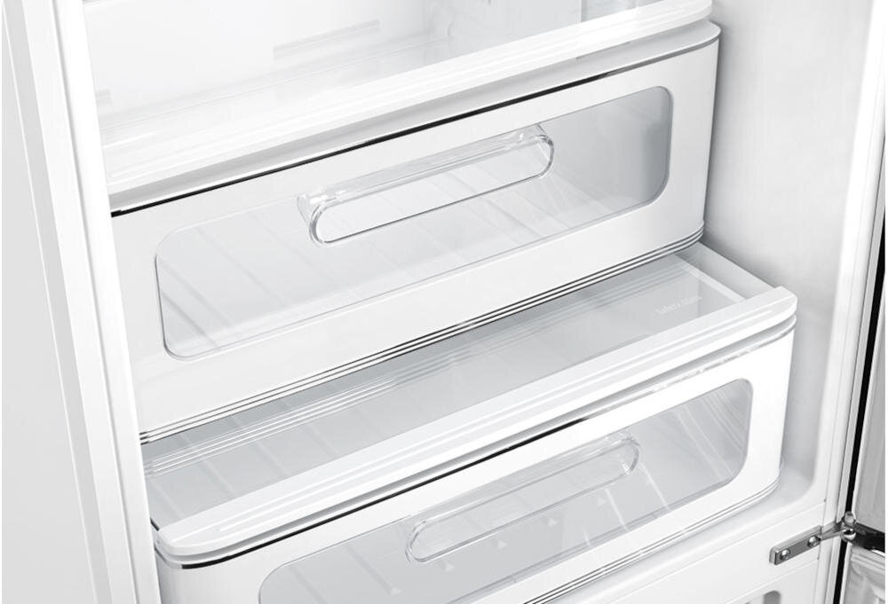 SMEG FAB32RWH5 szuflady lodówka organizacja wysuwane ślizgowe prowadnice szkło przechowywanie owoce warzywa
