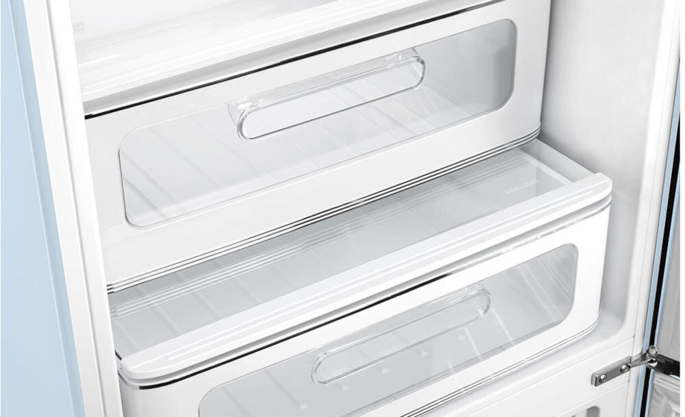 SMEG FAB32RPB5 szuflady lodówka organizacja wysuwane ślizgowe prowadnice szkło przechowywanie owoce warzywa
